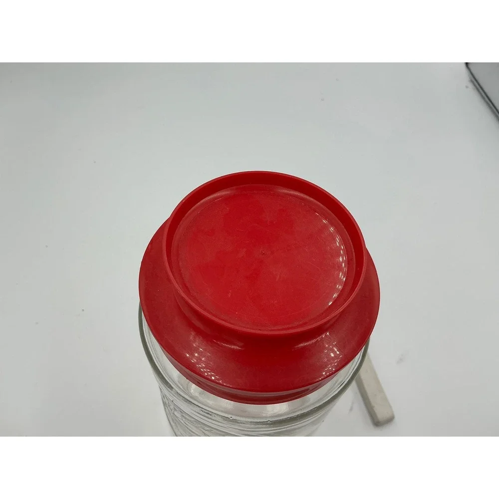 Vintage Bridge Glass Canister Embossed Cabin Scene Red Lid Kitchen Jar 1082